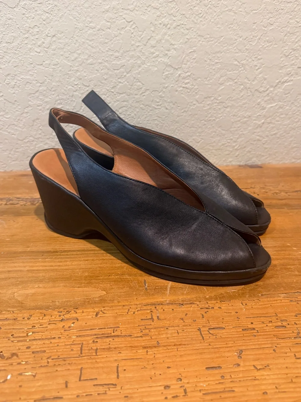 L’Amour Des Pieds Odetta Black Leather Wedge Heel